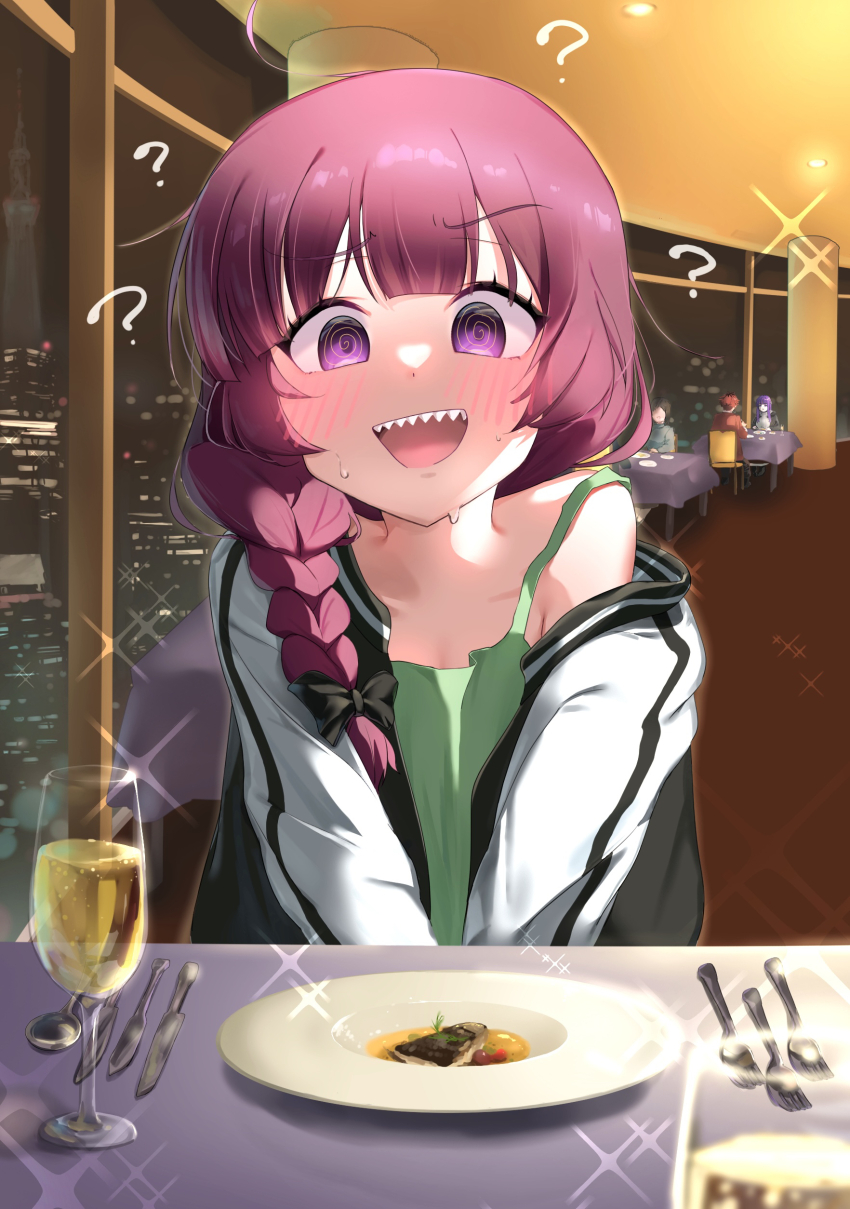 ?, absurdres, alcohol, blush, bocchi_the_rock!, christmas, cup, dating, drinking_glass, fern_(sousou_no_frieren), fork, highres, hiroi_kikuri, knife, night, ponshu_(ponshuislife), restaurant, sharp_teeth, sousou_no_frieren, spoon, stark_(sousou_no_frieren), teeth, window, wine, wine_glass