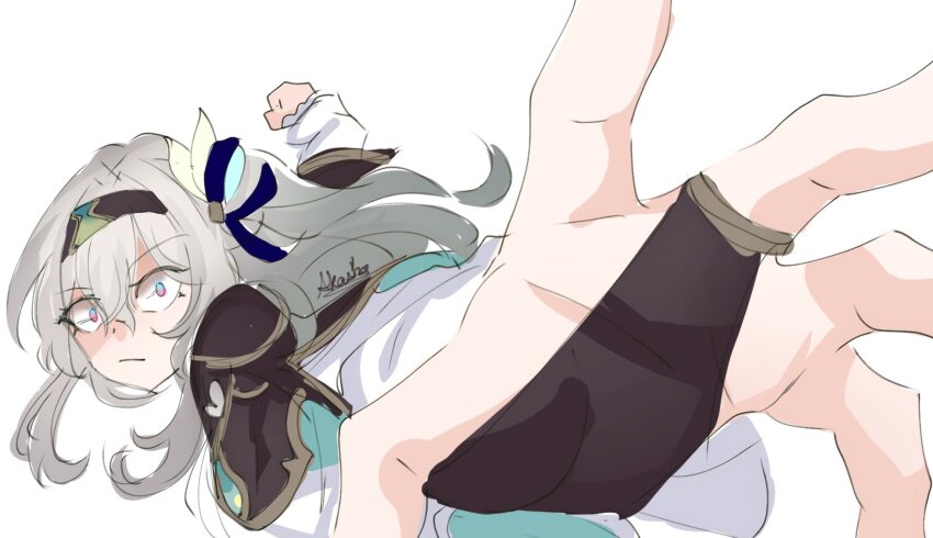 1girl, akashicelegy, black_hairband, bridal_gauntlets, closed_mouth, firefly_(honkai:_star_rail), grey_hair, hairband