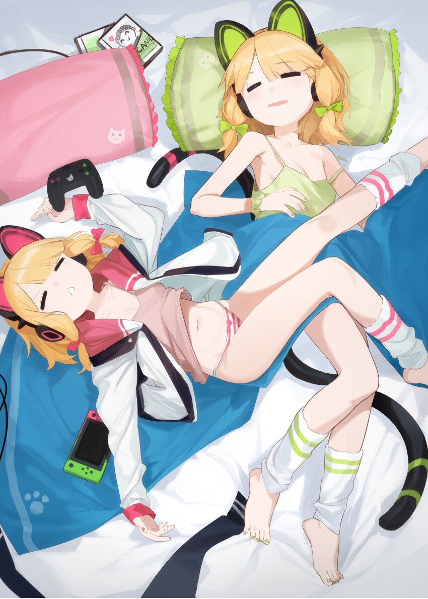 2girls, absurdres, alternate_costume, animal_ear_headphones, animal_ears, blonde_hair, blue_archive, bow