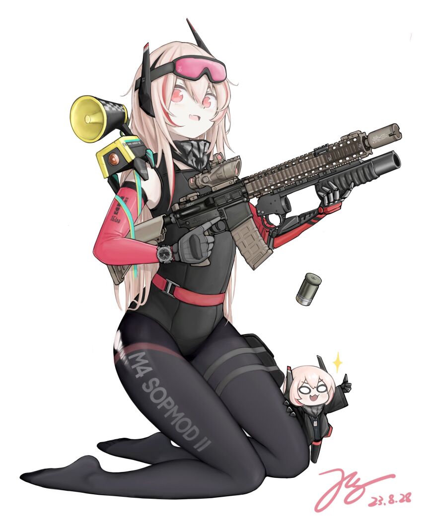 1girl, absurdres, assault_rifle, asymmetrical_arms, asymmetrical_horns, banana_(girls'_frontline), bandana, belt