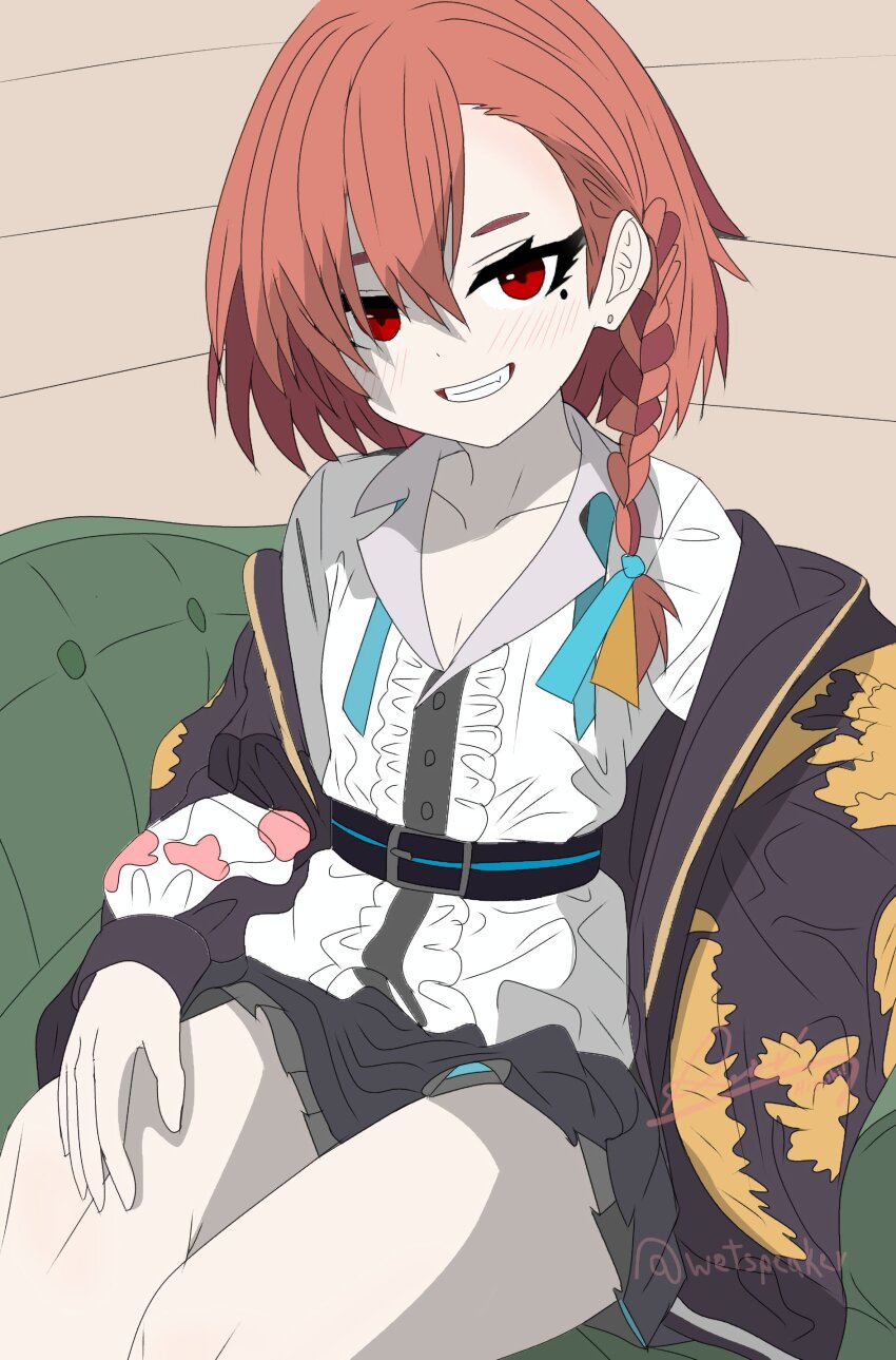 1girl, absurdres, ahoge, blue_archive, braid, hair_between_eyes, halo, highres, jacket, looking_at_viewer, mole, mole_under_eye, neru_(blue_archive), red_eyes, red_hair, short_hair, sitting, skirt, smile, solo, strap, wetspeaker