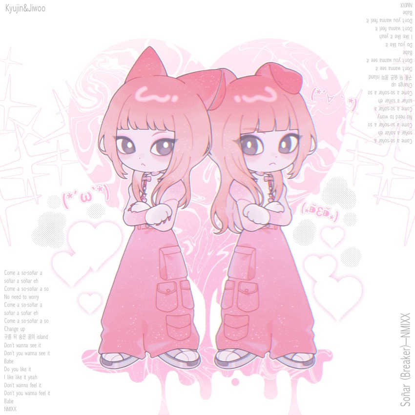 2girls, animal_ears, black_eyes, blunt_bangs, blush, bright_pupils, cargo_pants, cat_ears, character_name, copyright_name, crossed_arms, dog_ears, english_text, frown, grey_footwear, heart, highres, jiwoo_(nmixx), juliet_sleeves, k-pop, kemonomimi_mode, korean_text, kyujin_(nmixx), long_sleeves, looking_at_viewer, lyrics, multiple_girls, nmixx, o_bianyi_didi_shu_o, pants, pink_hair, pink_shirt, puffy_sleeves, real_life, shirt, shoes, sneakers, song_name, spanish_text, white_pupils