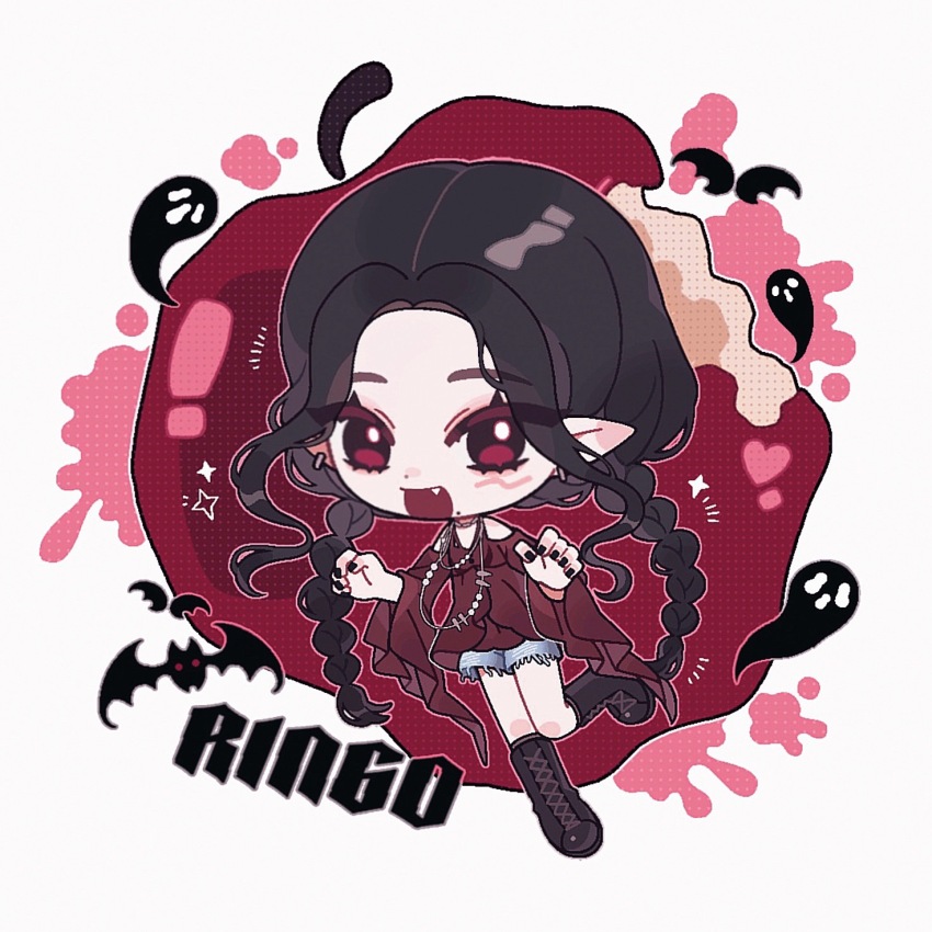 1girl, animification, black_boots, black_hair, black_nails, blue_shorts, boots, braid