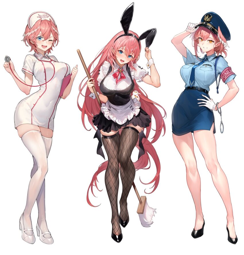 1girl, :d, alternate_costume, animal_ears, apron, arm_up, armband, bare_legs