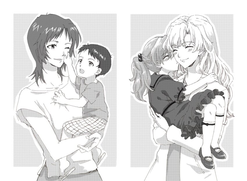 1boy, 3girls, age_difference, aged_down, bare_legs, blush, breasts, carrying