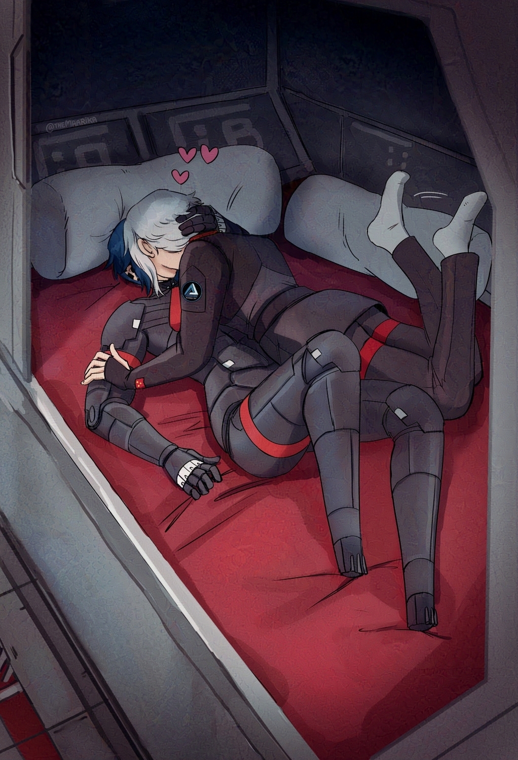 2girls, android, ariane_yeong, black_gloves, black_pants, black_shirt, blue_hair, commentary