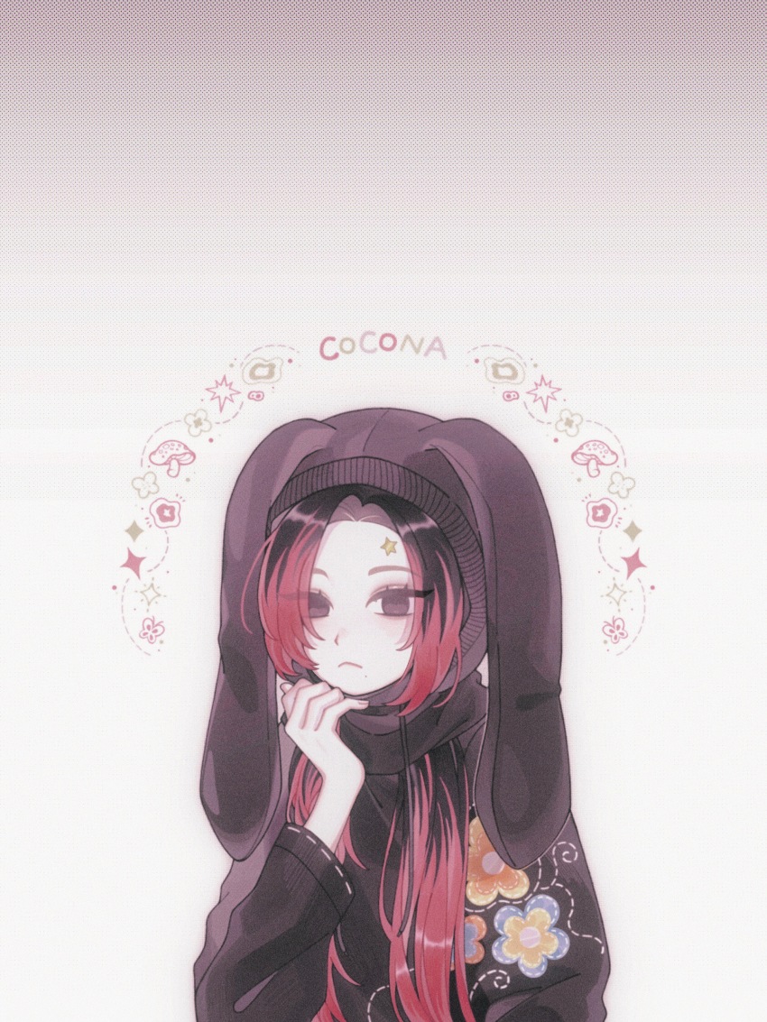 1girl, absurdres, animification, black_eyes, black_hair, black_hoodie, character_name, cocona_(xg)