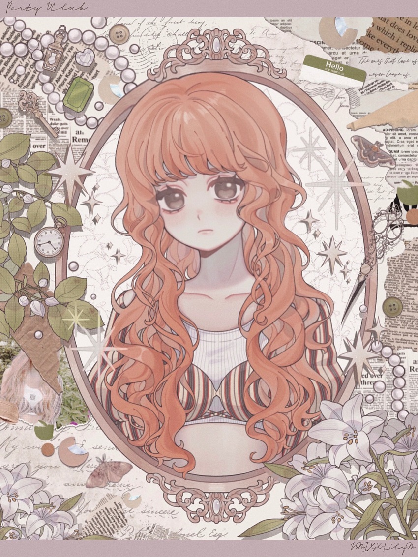 animification, black_eyes, blush, bug, cropped_shirt, flower, framed, frown