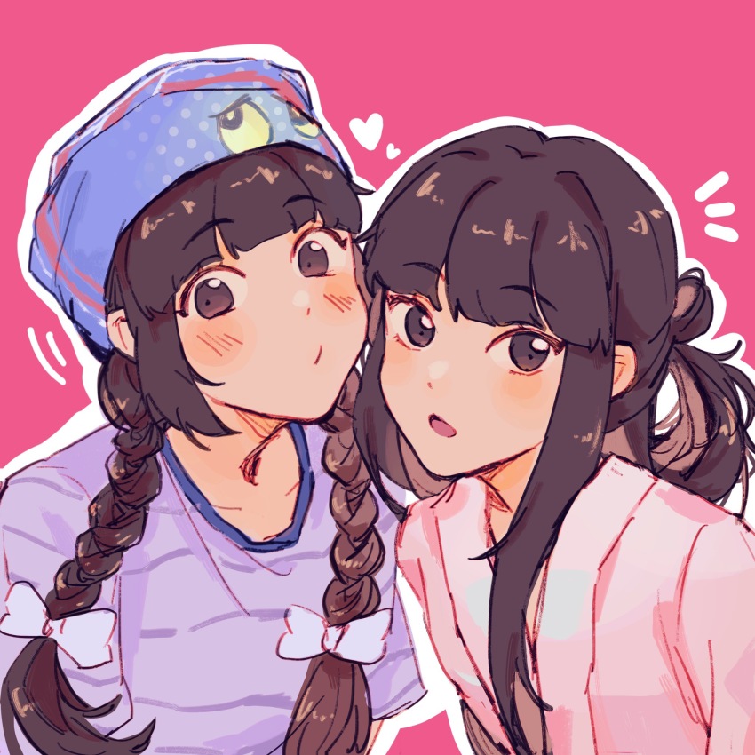 2girls, blue_headwear, bow, braid, brown_eyes, brown_hair, chinese_commentary, hair_behind_ear