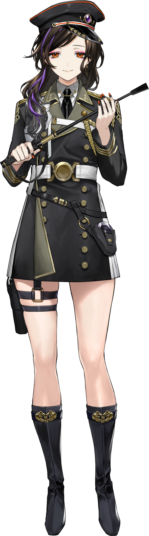 1girl, aiguillette, belt, black_boots, black_hair, black_hat, black_necktie, black_skirt