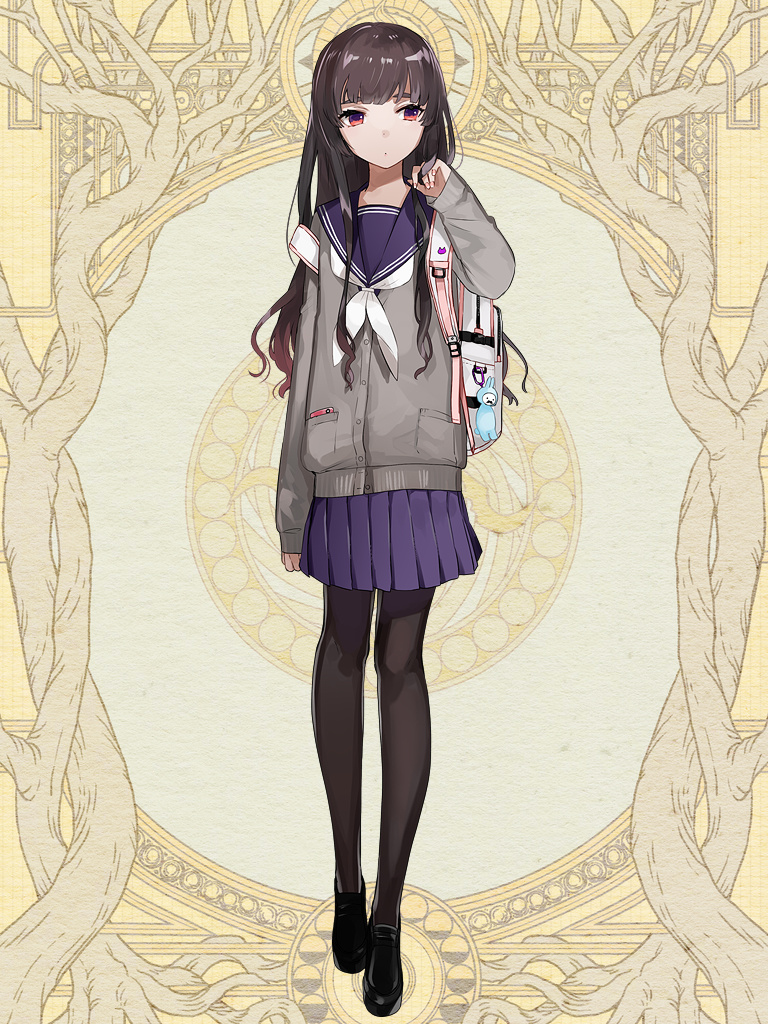 1girl, arm_at_side, backpack, bag, bag_charm, binzoko, black_footwear, black_pantyhose, blue_skirt, brown_hair, charm_(object), dairoku_ryouhei, full_body, grey_jacket, hand_up, jacket, margarita_thompson, neckerchief, pantyhose, playing_with_own_hair, pocket, school_uniform, serafuku, skirt, solo, standing, white_neckerchief, yellow_background
