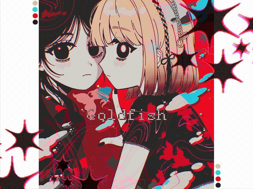 2girls, animification, black_eyes, black_hair, black_shirt, blonde_hair, blush, braid