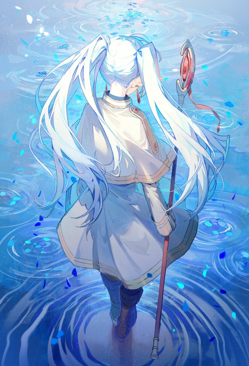 1girl, boots, brown_boots, capelet, earrings, elf, floating_earrings, frieren, from_behind, highres, jewelry, long_hair, mage_staff, petals, pointy_ears, ripples, skirt, snowcake47, solo, sousou_no_frieren, staff, standing, standing_on_liquid, twintails, water, white_capelet, white_hair