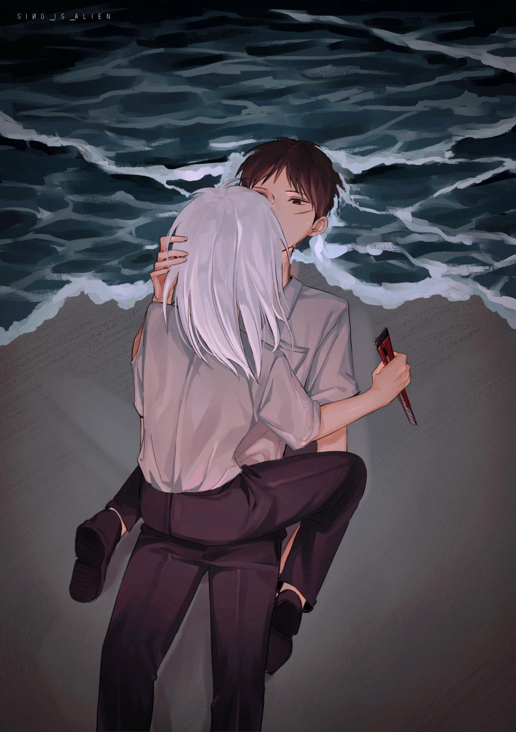 2boys, akagi_kaiji, beach, black_eyes, black_footwear, black_hair, black_pants, boxcutter, commentary, facial_scar, full_body, hand_on_another's_head, highres, holding, holding_boxcutter, itou_shigeru, kiken_na_futari, long_hair, looking_at_another, male_focus, multiple_boys, ocean, on_person, pants, scar, scar_on_cheek, scar_on_face, shirt, shoes, short_bangs, short_hair, siho_is_alien, waves, white_hair, white_shirt