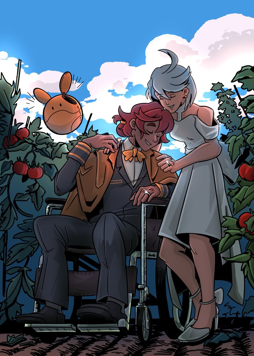 2girls, absurdres, ahoge, blue_sky, bow, bowtie, closed_eyes, cloud, commentary, dark-skinned_female, dark_skin, day, dress, electrictiger12, english_commentary, female_focus, formal_clothes, gundam, gundam_suisei_no_majo, haro, high_heels, highres, jacket, jacket_on_shoulders, jewelry, miorine_rembran, multiple_girls, outdoors, pants, plant, red_hair, ring, shoes, short_hair, sky, smile, suit, suletta_mercury, thick_eyebrows, tomato, wedding_ring, wheelchair, white_dress, wife_and_wife, yuri