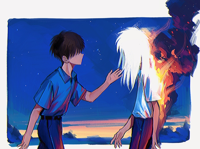 2boys, akagi_kaiji, backlighting, black_hair, black_pants, blue_shirt, burning, collared_shirt