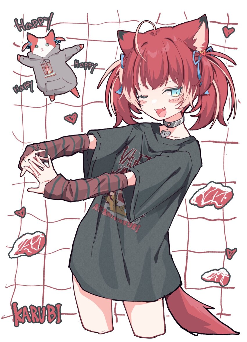 1girl, ;d, ahoge, akami_karubi, alternate_costume, animal_ears, animalization, arm_warmers