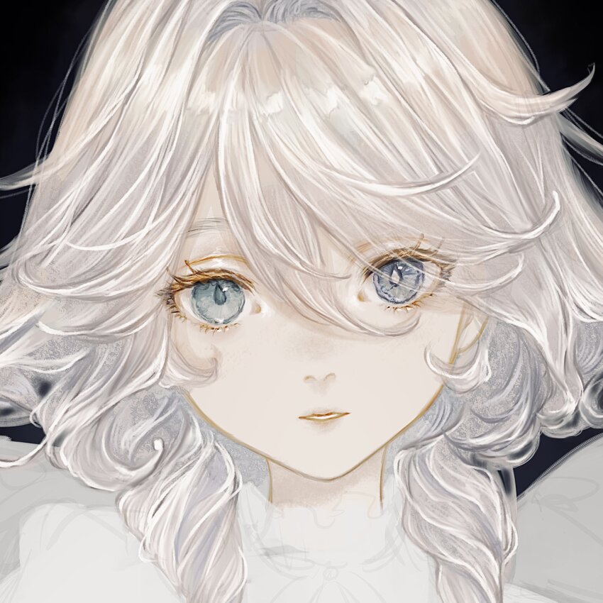 1girl, aqua_eyes, black_background, blue_eyes, eyelashes, eyes_visible_through_hair, furina_(genshin_impact), genshin_impact