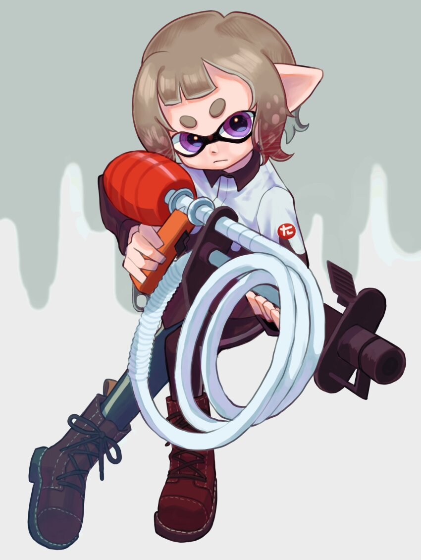 1boy, boots, brown_boots, brown_hair, closed_mouth, commentary_request, full_body, goo_tuber_(splatoon)