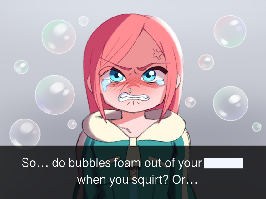 1girl, anger_vein, angry, blue_eyes, blue_hoodie, blush, clenched_teeth, commentary, english_text, foamstars, glass_mecha, highres, hood, hood_down, hoodie, long_hair, nose_blush, parted_lips, pink_hair, snot, soa_(foamstars), soap_bubbles, solo, swept_bangs, tears, teeth, upper_body