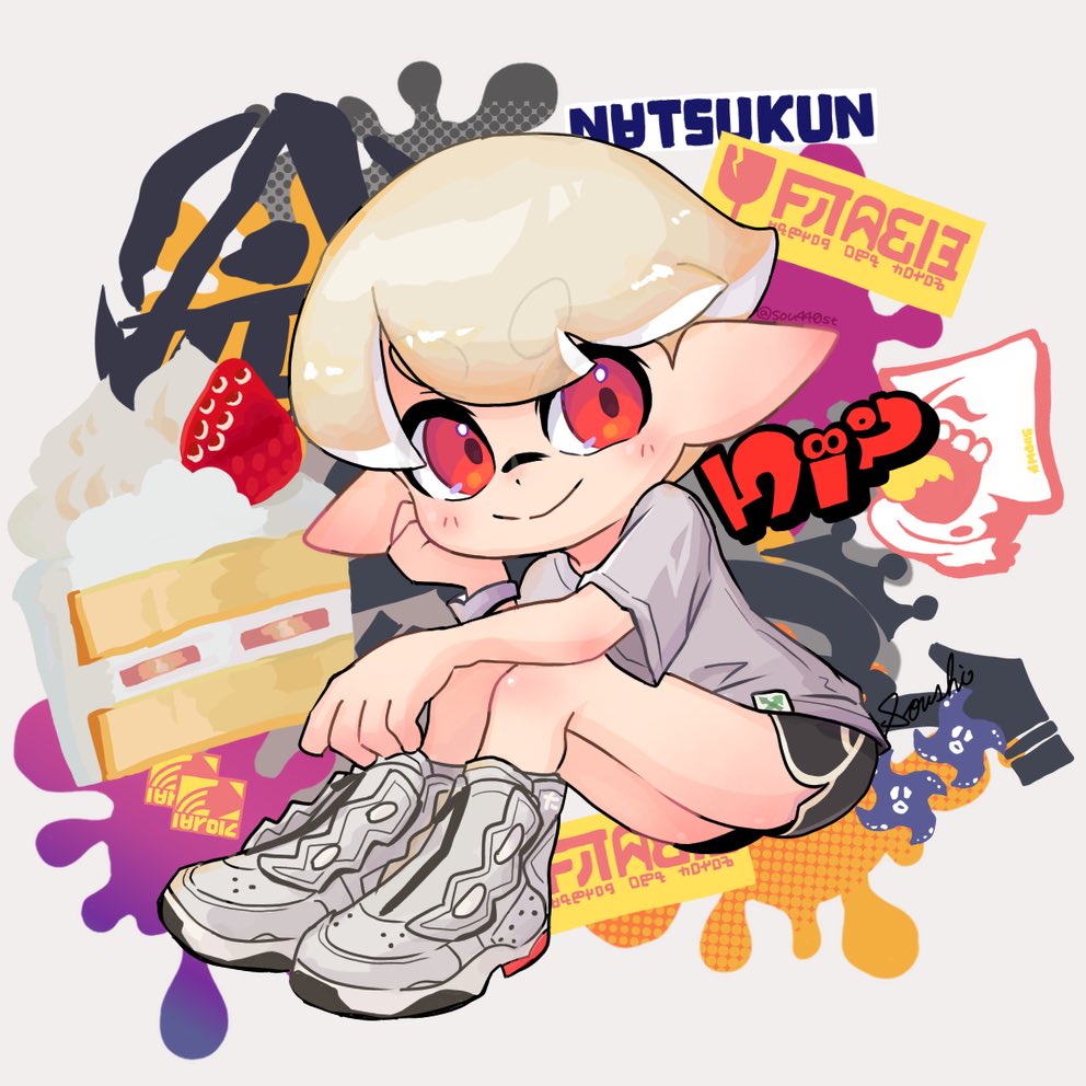 1boy, black_shorts, cake, closed_mouth, commentary_request, food, full_body, grey_shirt, inkling, inkling_(language), inkling_boy, inkling_player_character, logo, nintendo, paint, pointy_ears, red_eyes, shirt, shoes, short_hair, shorts, signature, sitting, smile, solo, sou440pk, splatoon_(series), splatoon_3, strawberry_shortcake, tentacle_hair, white_background, white_hair, white_shoes