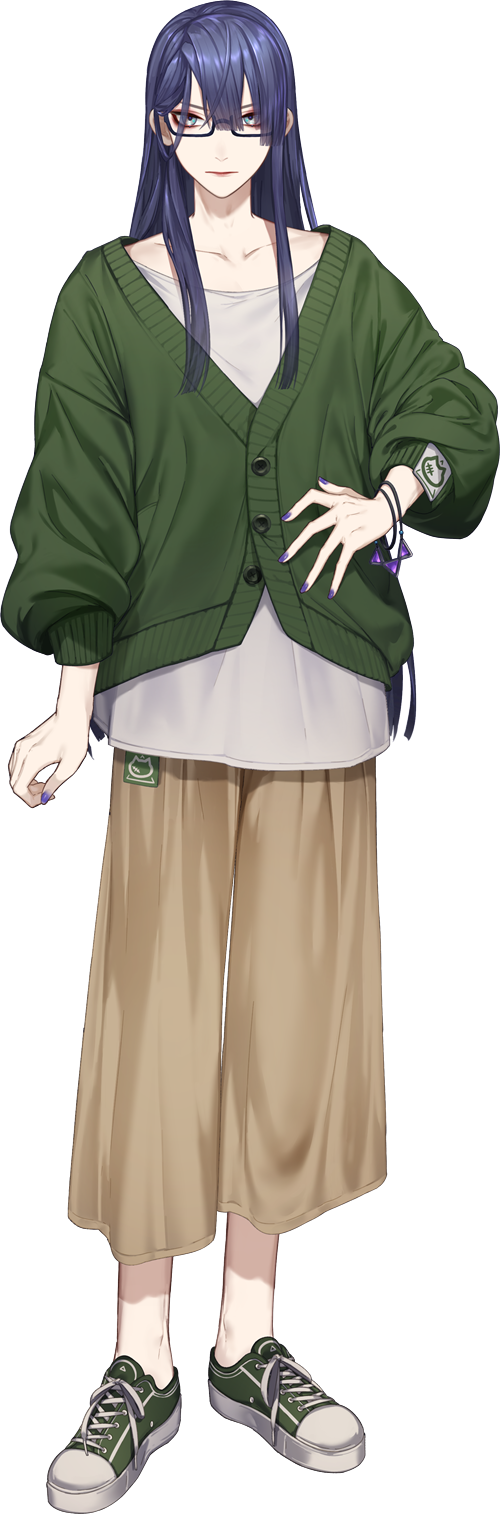 1boy, black_shoes, blue_hair, bracelet, brown_pants, cardigan, full_body, glasses