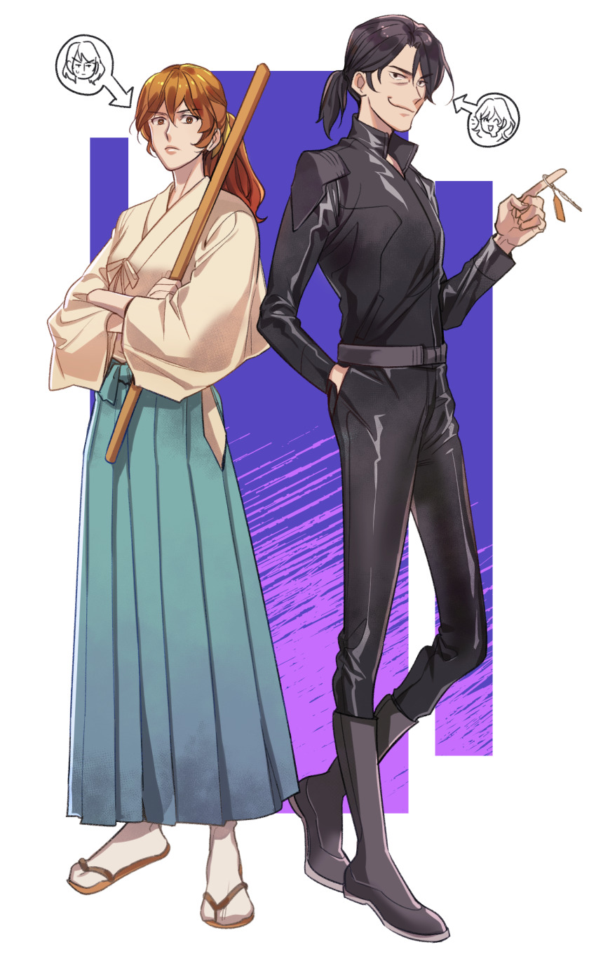 1boy, 1girl, arrow_(symbol), belt, black_bodysuit, black_hair, bodysuit, brown_eyes