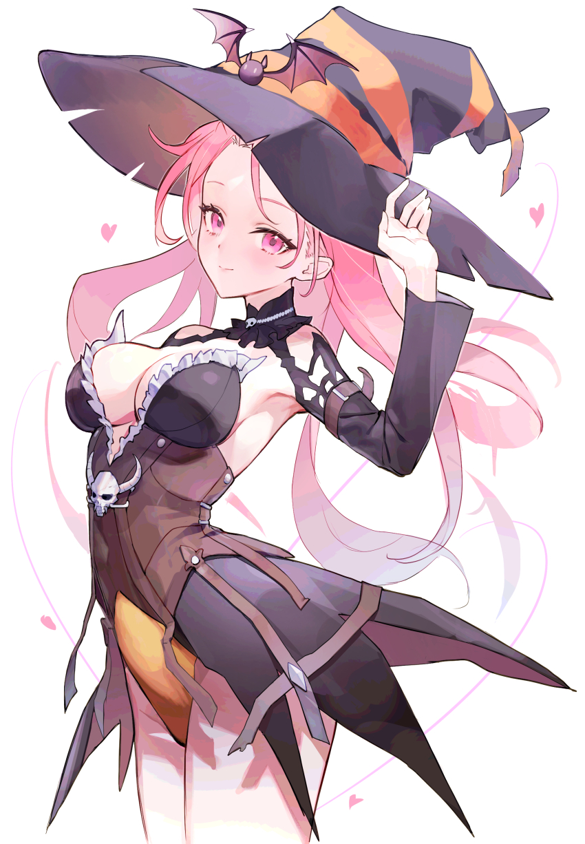 1girl, absurdres, arm_up, armpits, black_hat, breasts, cleavage, cleo_(king's_raid)