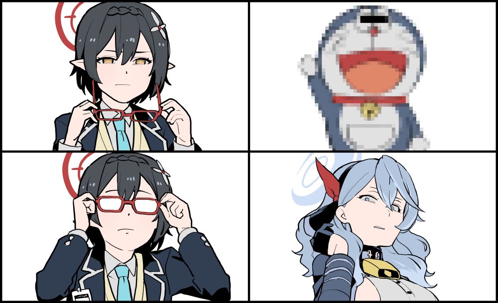 2girls, ako_(blue_archive), aqua_necktie, ayane_(blue_archive), bar_censor, bell, black_hair, blazer