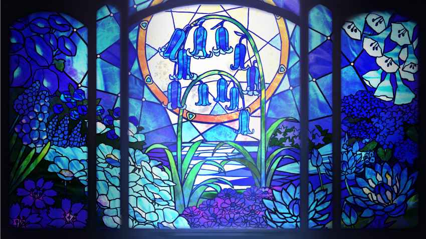 blue_theme, bluebell_(flower), dairoku_ryouhei, flower, highres, no_humans, scenery, stained_glass