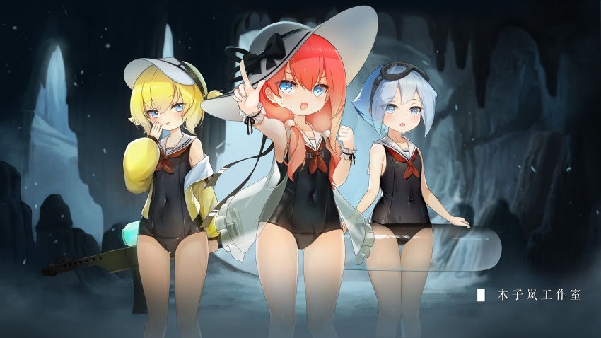 3girls, ash_arms, at-1_(ash_arms), blonde_hair, blue_eyes, blue_hair, blush, cafe, commentary_request, covered_navel, goggles, goggles_on_head, hair_ornament, hat, highres, long_hair, medium_hair, moonslanstudio, multiple_girls, official_alternate_costume, official_art, red_hair, scenery, school_swimsuit, swimsuit, t-26_(ash_arms), translation_request, visor_cap, water_gun, wet