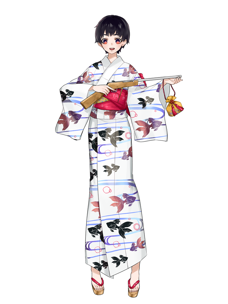 1girl, :d, animal_print, binzoko, black_hair, dairoku_ryouhei, fish_print, full_body