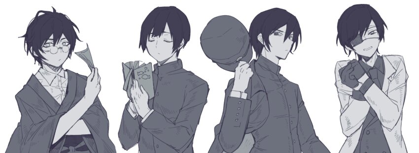 4boys, ahoge, blunt_bangs, book, buttons, cape, closed_eyes, coat