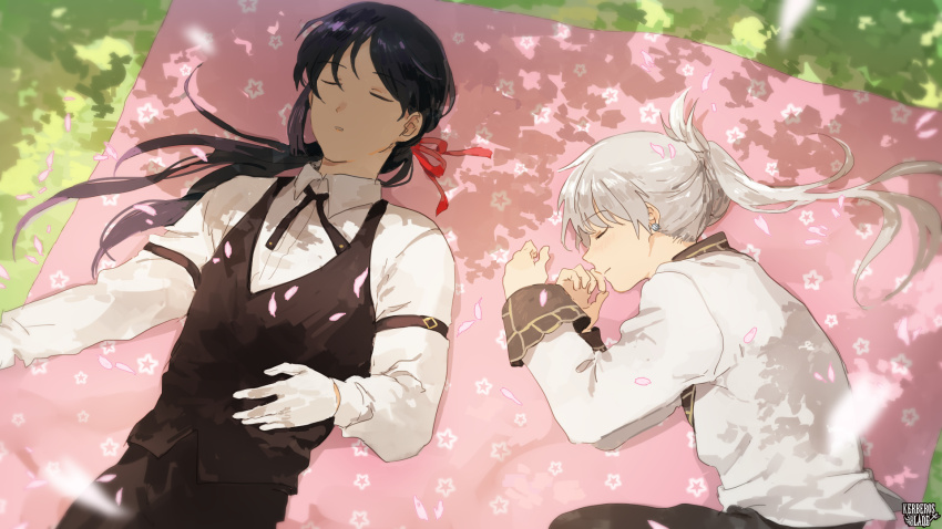 2boys, black_hair, black_ribbon, black_vest, blanket, dappled_sunlight, day, ear_piercing, gloves, grey_hair, hair_ribbon, highres, kerberos_blade, lilu_(tw), lore_steetsleve, lying, male_focus, multiple_boys, on_back, on_side, outdoors, piercing, ponytail, red_ribbon, ribbon, shimizu_kazuma, shirt, sleeping, sunlight, vest, white_gloves, white_shirt