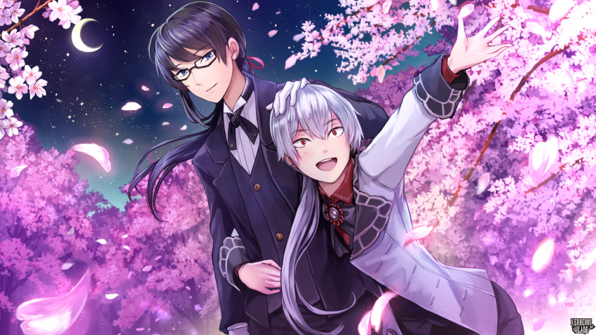 2boys, :d, arm_around_another's_waist, black-framed_eyewear, black_bow, black_ribbon, black_vest, bow