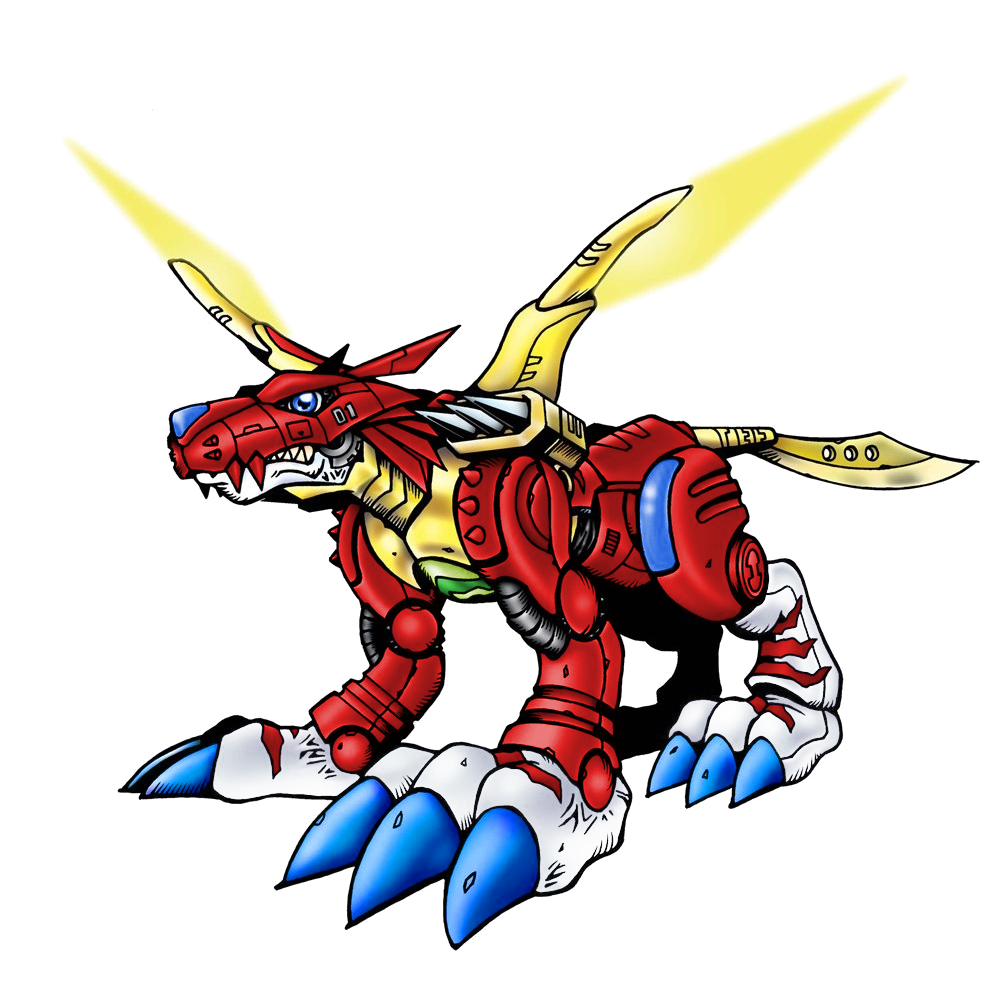cyborg, digimon, digimon_(creature), digimon_xros_wars, metalgarurumon_(red), sharp_teeth, solo, tail