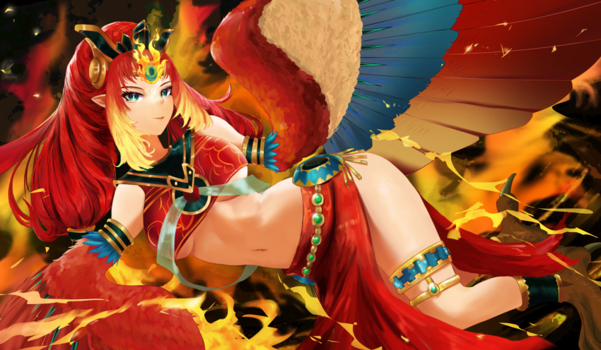 1girl, animal_feet, bare_shoulders, breasts, crop_top, duel_monster, feathers, fire, fire_king_avatar_princess, green_eyes, harpy, headdress, jewelry, long_hair, looking_at_viewer, medium_breasts, midriff, monster_girl, multicolored_wings, red_feathers, red_hair, red_skirt, sidelocks, skirt, solo, talons, thighlet, tiara, underboob, wings, yu-gi-oh!, zozokii-akin