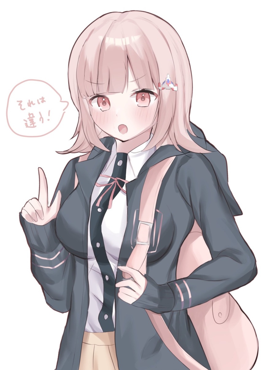 1girl, :o, bag, blush, breasts, brown_hair, collared_shirt, danganronpa_(series)