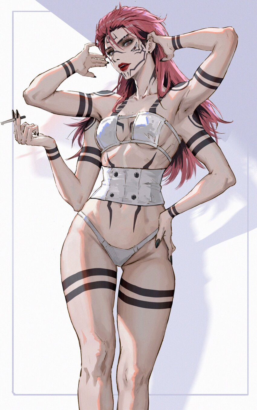 1girl, arm_tattoo, cigarette, extra_arms, facial_tattoo, genderswap, genderswap_(mtf), highres