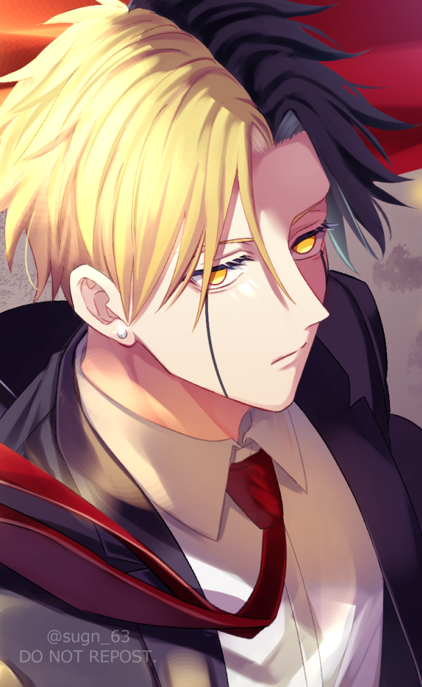 1boy, black_coat, black_hair, blonde_hair, closed_mouth, coat, collared_shirt, mashle