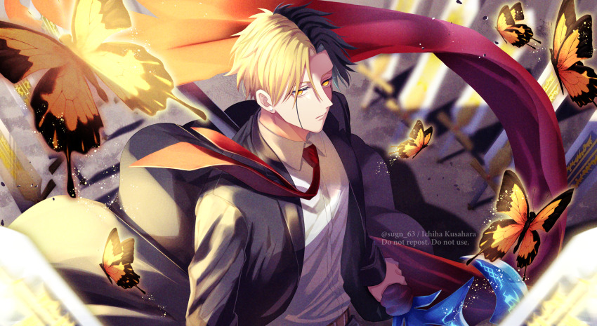1boy, black_coat, black_hair, blonde_hair, bug, butterfly, closed_mouth, coat