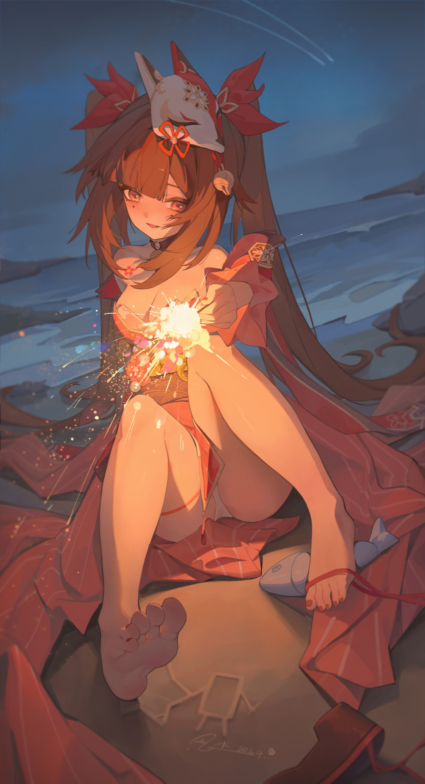 1girl, absurdres, bare_shoulders, barefoot, beach, feet, fireworks, highres
