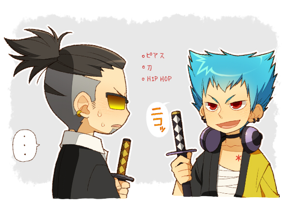 ..., 2boys, bemani, black_hair, blue_hair, border, chest_tattoo, collarbone, earrings, facial_hair, goatee, headphones, headphones_around_neck, holding, holding_sword, holding_weapon, jewelry, kiri_futoshi, kuranosuke_(pop'n_music), looking_at_another, male_focus, multiple_boys, open_mouth, pop'n_music, red_eyes, roku_(pop'n_music), sideburns_stubble, spoken_ellipsis, stubble, sword, tattoo, tinted_eyewear, translation_request, undercut, upper_body, weapon, white_border