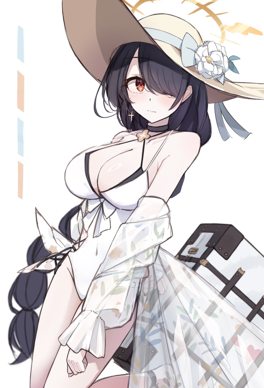 1girl, bare_legs, black_choker, black_hair, blue_archive, blush, braid, breasts