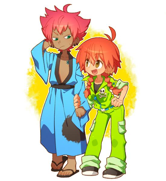 1boy, 1girl, alternate_color, arm_at_side, arm_behind_head, bemani, black_footwear, braid, brown_hair, chest_tattoo, collarbone, dark-skinned_male, dark_skin, full_body, genderswap, genderswap_(mtf), green_eyes, green_jumpsuit, hand_on_own_hip, holding_another's_wrist, japanese_clothes, jumpsuit, kiri_futoshi, mr._kk, open_mouth, player_2, pop'n_music, red_hair, roku_(pop'n_music), sandals, shoes, short_hair, skull_and_crossbones, tattoo, toenails, twin_braids, zouri