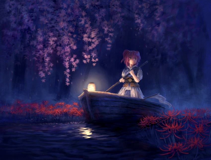 1girl, blue_dress, boat, coin, commentary_request, dark, dress, flower