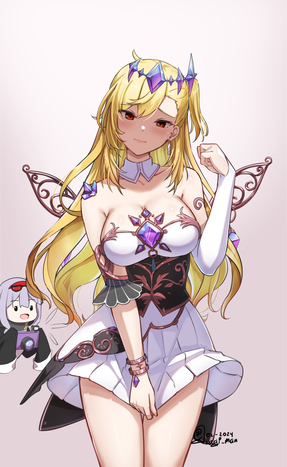 2girls, bare_shoulders, blonde_hair, blush, breasts, camera, cleavage, cosplay