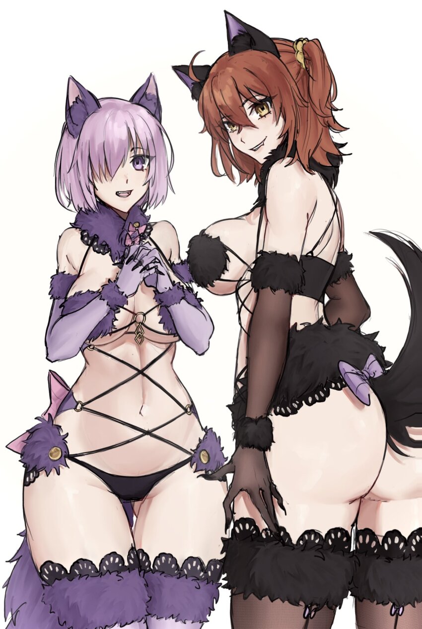 13addendum, 2girls, ahoge, animal_ears, ass, bare_shoulders, black_panties, bow