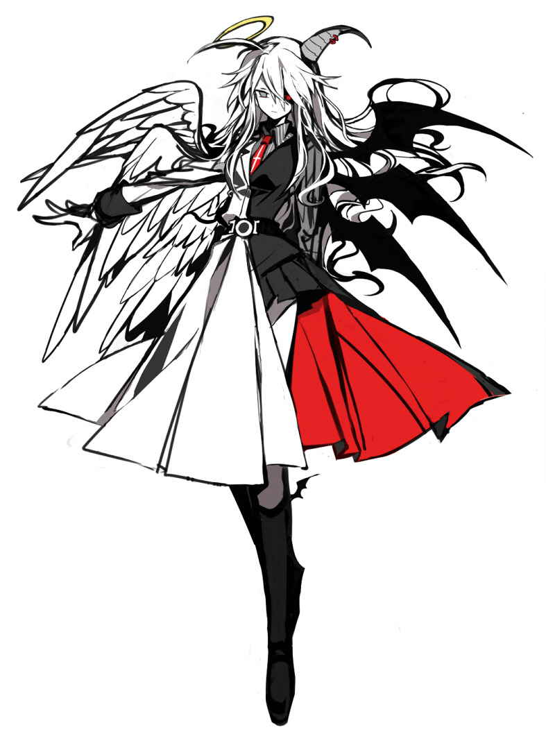 1girl, ahoge, angel_wings, asymmetrical_wings, demon_girl, demon_horns, demon_wings, formal_clothes
