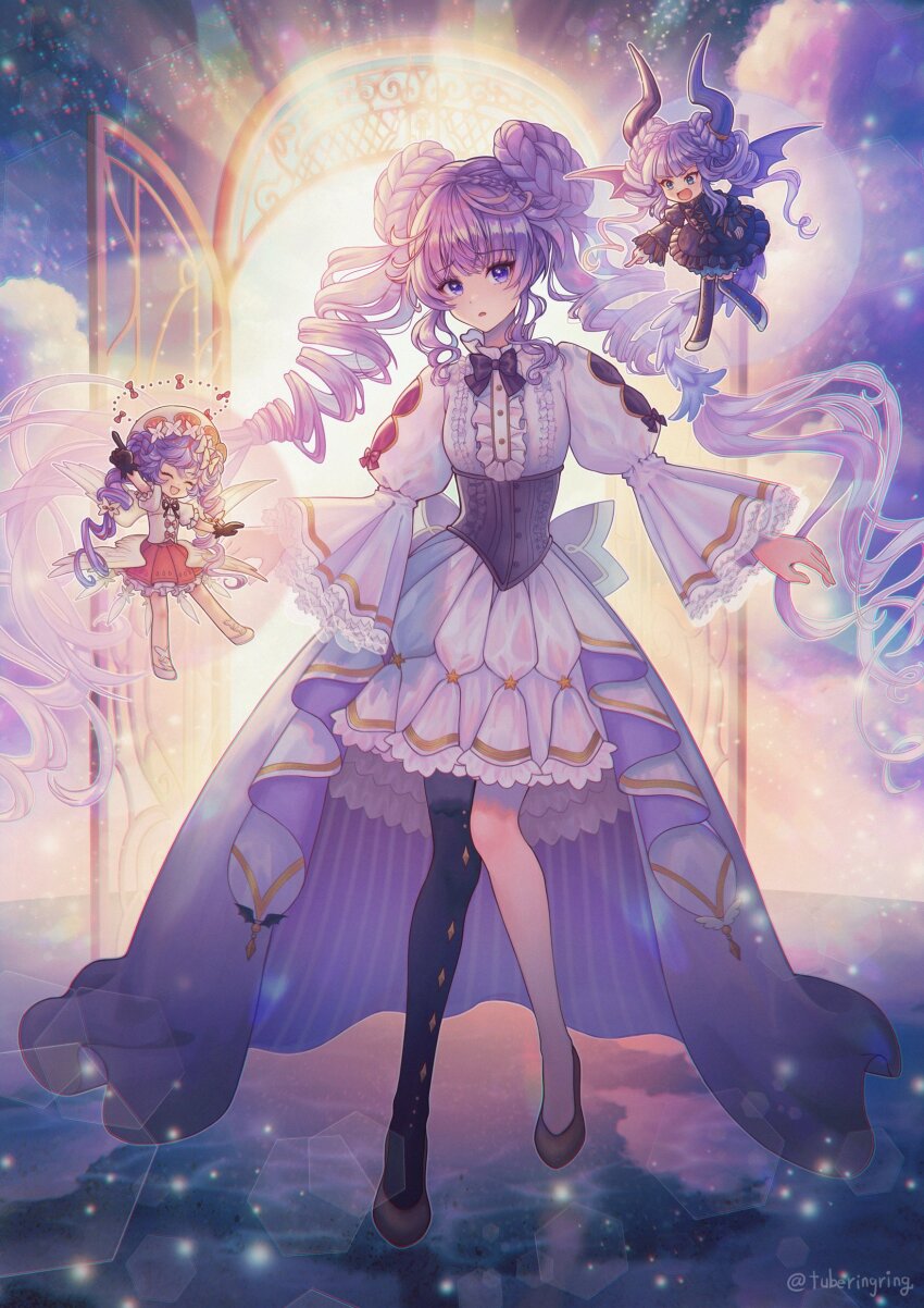 3girls, absurdres, angel_and_devil, angello_vaalmonica, black_dress, blush, bow, bowtie, braid, breasts, demon_girl, demon_horns, demon_tail, demon_wings, dimonno_vaalmonica, double_bun, dress, drill_hair, duel_monster, feathered_wings, full_body, hair_bun, highres, horns, long_sleeves, multiple_girls, puffy_sleeves, purple_eyes, purple_hair, selettrice_vaalmonica, shoulder_angel, shoulder_devil, single_leg_pantyhose, small_breasts, tail, tubering, twin_drills, twintails, white_dress, wings, yu-gi-oh!